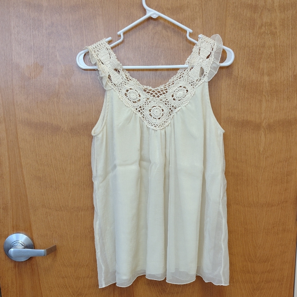 Adiva Cream Crochet Accent Blouse With Sheer Overlay